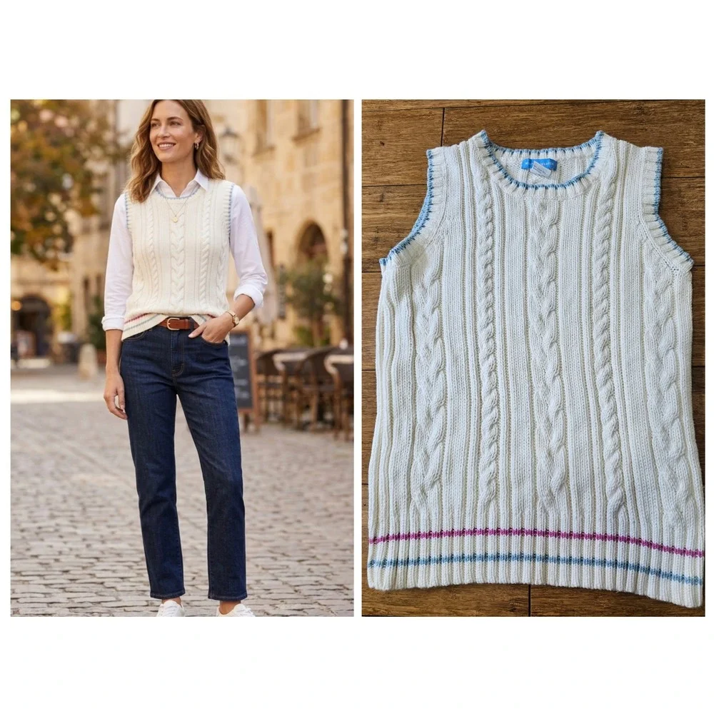 White + Warren‎ Cable Knit Sweater Vest Women S Cream Preppy Tennis Striped